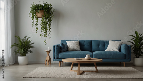 A blue couch sits in the center of a room with two potted plants on either side of it.

 photo