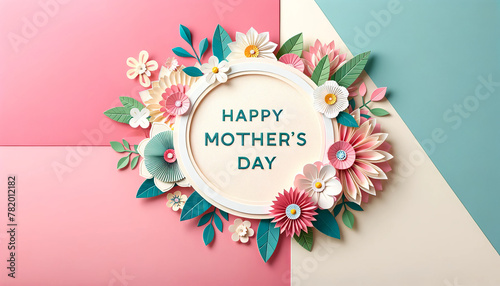 Happy Mother's Day crafted paper floral arrangement in circular frame with pastel background photo