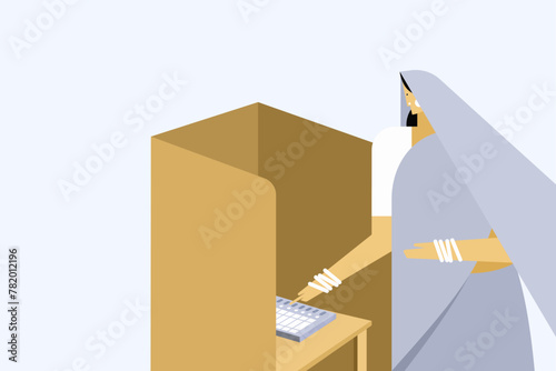 Illustration of an Indian woman casting vote in an electronic voting machine