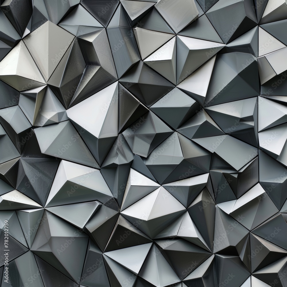 Wide angle view of a monochrome 3D polygonal surface, creating a modern mosaic of geometric shapes in black, gray, and white shades. Wide angle view of a monochrome 3D polygonal surface, creating a modern mosaic of geometric shapes in black, gray, and white shades.