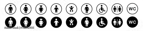 WC icons set. Toilet symbol. Man and woman signs, Male or female restroom WC signs, mother with baby and handicapped vector illustration.