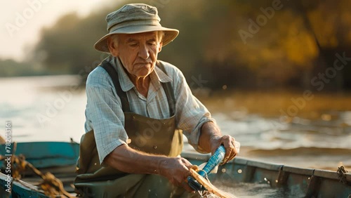 Elderly male fisher in uniform in boat taking caught fish out of net during traditional fishing photo