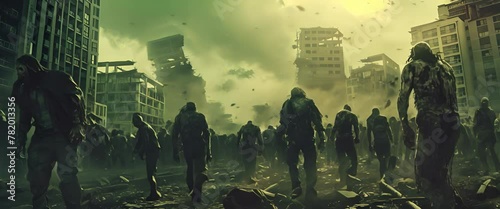 Horde of zombies dead walking in a destroyed city after infection with virus and end of the world of the alive people photo