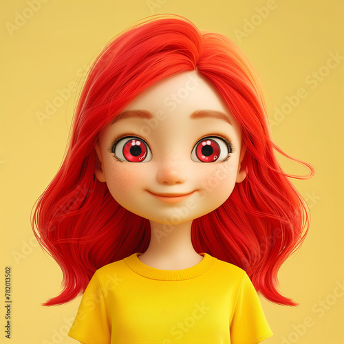 portrait of cute smiling red head girl in yellow t-shirt. Teen character 3d render avatar minimal style