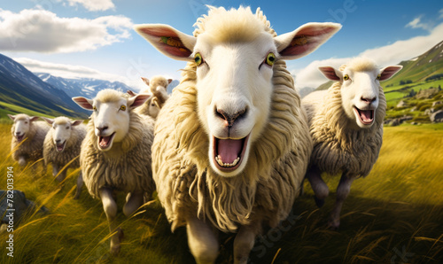 Joyful Sheep Herd Frolicking in Meadow - Energetic Flock on a Sunny Day