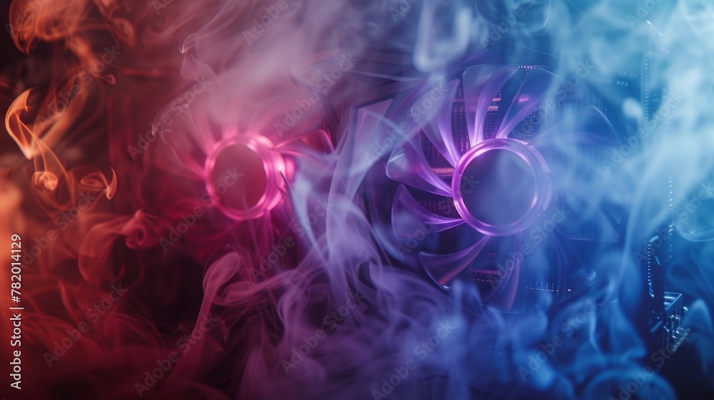 Obraz premium Vibrant abstract computer graphics hardware with a cooling system in motion, symbolizing technology and computing power.