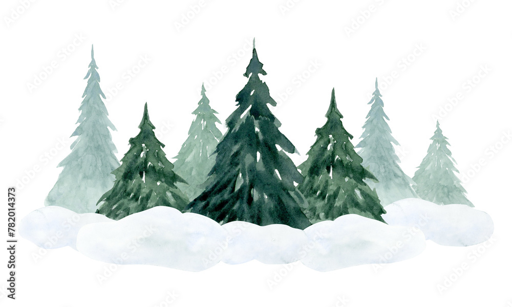 Fir trees on snow in spruce forest watercolor illustration isolated on white for winter holidays horizontal banner and north landscape designs
