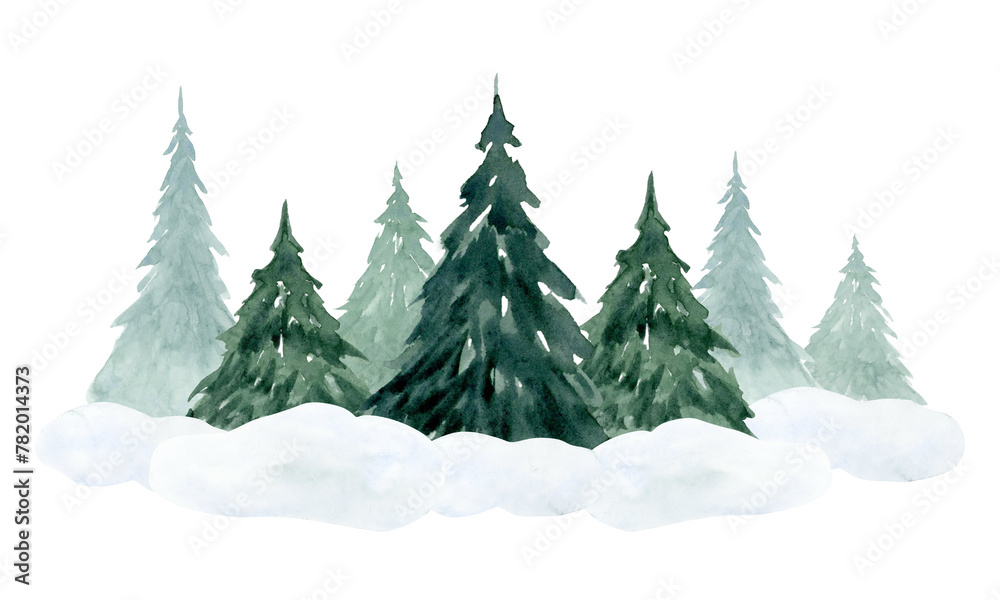 Obraz premium Fir trees on snow in spruce forest watercolor illustration isolated on white for winter holidays horizontal banner and north landscape designs
