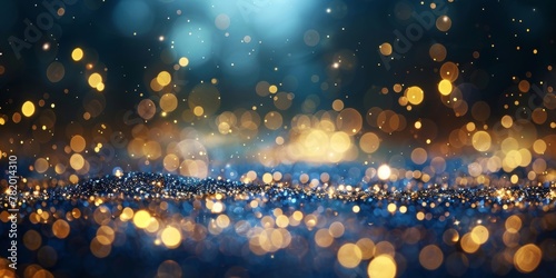 Abstract background of blue and golden glittering bokeh lights with a magical atmosphere.