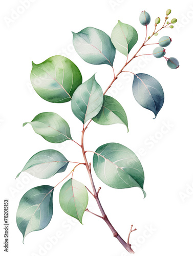 Watercolor Painting of Branches with Leaves on Transparent Background. Botanical Illustration Art