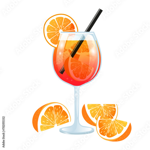 Aperol Spritz cocktail. Glass with drink, straw, ice cubes and orange slices. Summer drink. Orange juice lemonade. Vector illustration.