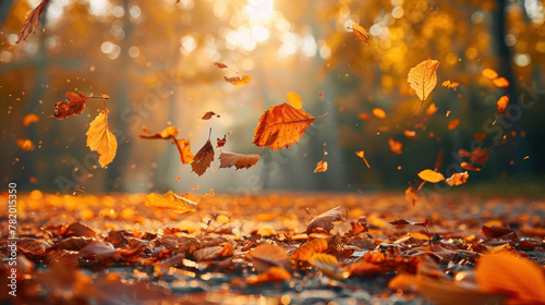 Autumn Leaves Falling in a Vibrant Forest Scene photo