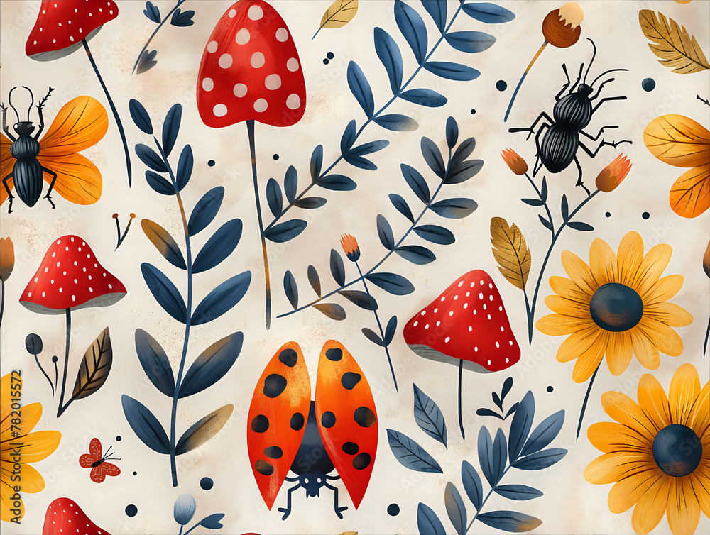 pattern with flowers and bugs