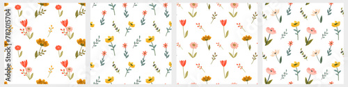 Set of seamless floral patterns with hand drawn flowers  leaves and branches. Seamless pattern for textiles  packaging design  paper and other things.
