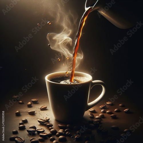 Pouring coffee on a cup with white stream on a dark background