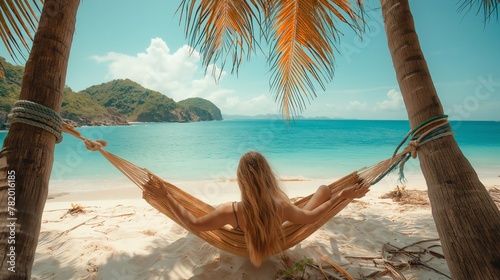 Beautiful beach. Hammock between two palm trees on the beach. Holiday and vacation concept Generate AI 