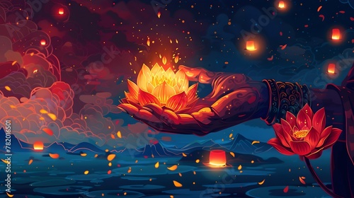 buddha hand holding a lotus flower. lanterns flying at the sky. vesak festival , buddhist festival and buddha photo