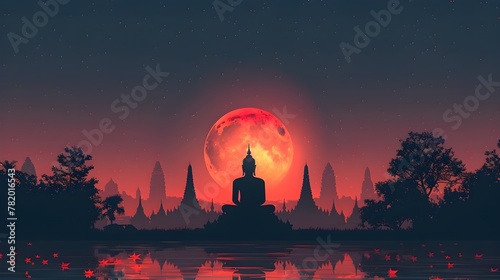 lord buddha with meditation pose near the lotus river at the temple with night sky. vesak festival , buddhist festival and lord buddha