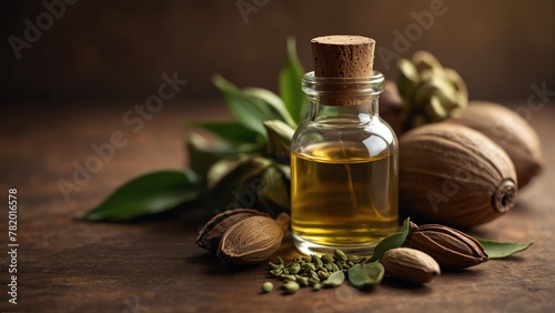 cardamom background with aroma therapy massage essential oil bottle from Generative AI
