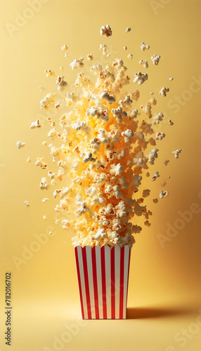 Explosion of popcorn from striped container yellow background. Fun dynamic snack concept copy space © liubovyashkir