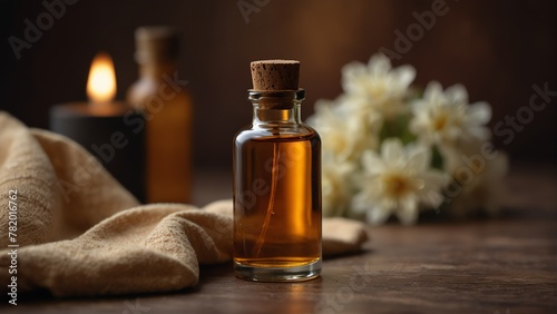 myrrh background with aroma therapy massage essential oil bottle from Generative AI photo