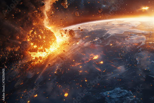 A cataclysmic event is captured as a meteor strikes Earth, unleashing a devastating explosion and sending a hail of fiery debris across the atmosphere.