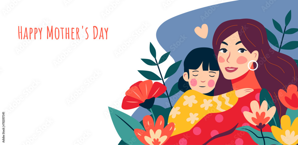 Mother and daughter illustration with floral elements on white background. Design for greeting card, Mother's Day celebration. Family love and springtime concept.