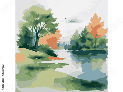 Watercolour Vector  Watercolour World Image A watercolor painting of a lake with trees and bushes.