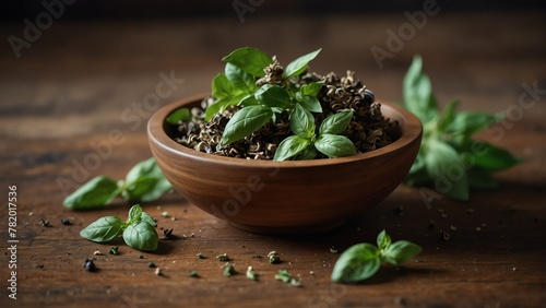 dried basil healing herbs on wooden bowl from Generative AI