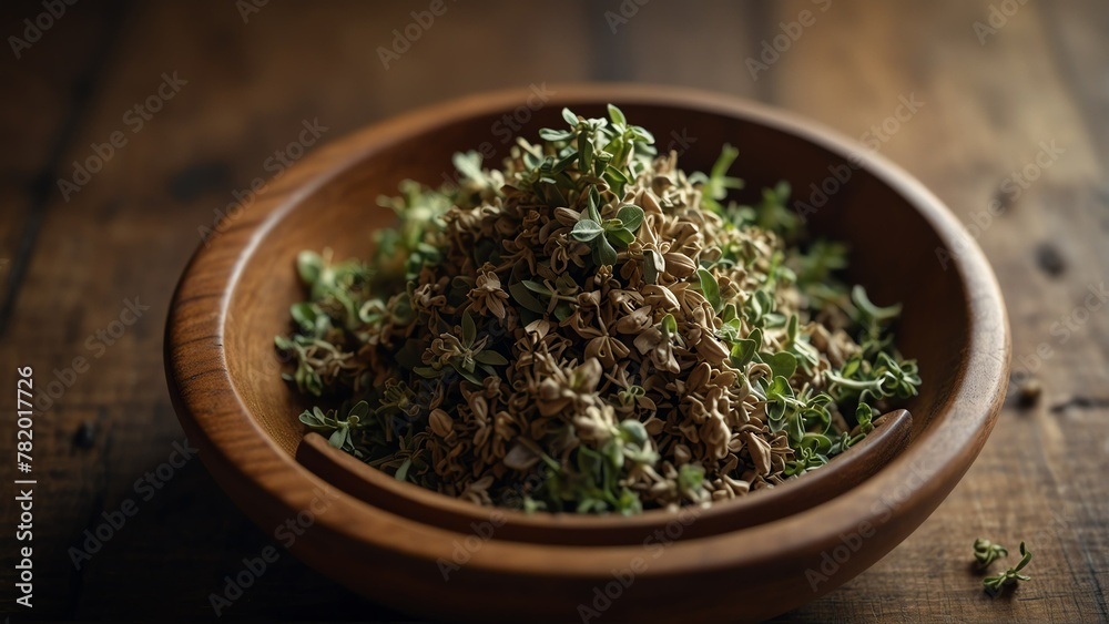 dried oregano healing herbs on wooden bowl from Generative AI dried oregano healing herbs on wooden bowl from Generative AI