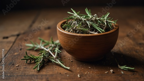 dried rosemary healing herbs on wooden bowl from Generative AI