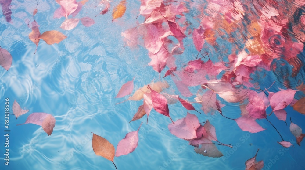 Pink leaves on the surface of the water on a blue background. Beautiful background with water ripples for product presentation. Summer refreshing background.