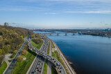 Aerial top view by drone of Kyiv cityscape and Dnieper river in Kiev city, Ukraine.