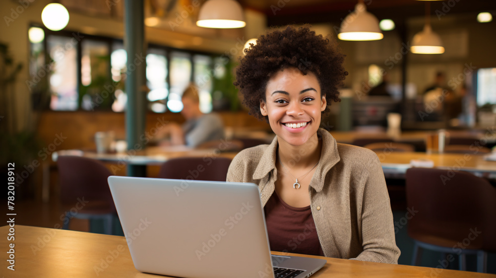 A portrait of an African American woman sitting at a table with her laptop, smiling and looking directly into the camera in a college dining hall