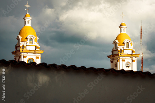 Facade of the bell towers of the main church of Choachí – Cundinamarca – Colombia photo