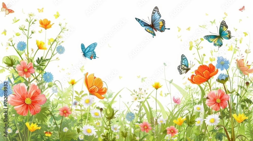 Seasonal Borders: A vector illustration of a border with blooming flowers and butterflies Seasonal Borders: A vector illustration of a border with blooming flowers and butterflies