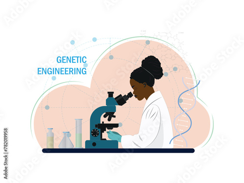 A woman is looking through a microscope at a slide. The image is titled "Genetic Engineering"