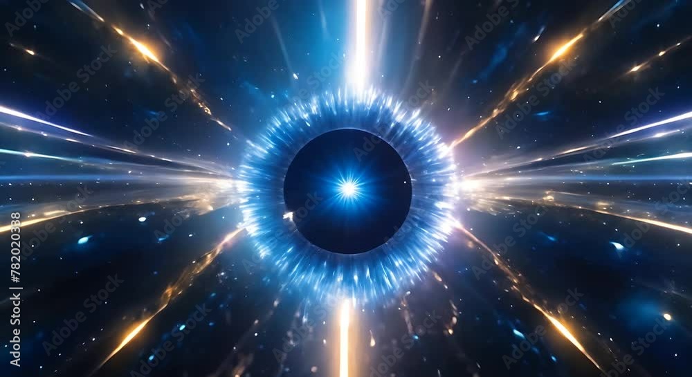 A black hole is shown at the center with bright lights surrounding it, creating a stark contrast. The lights appear to be swirling and pulsating, adding to the intense visual spectacle