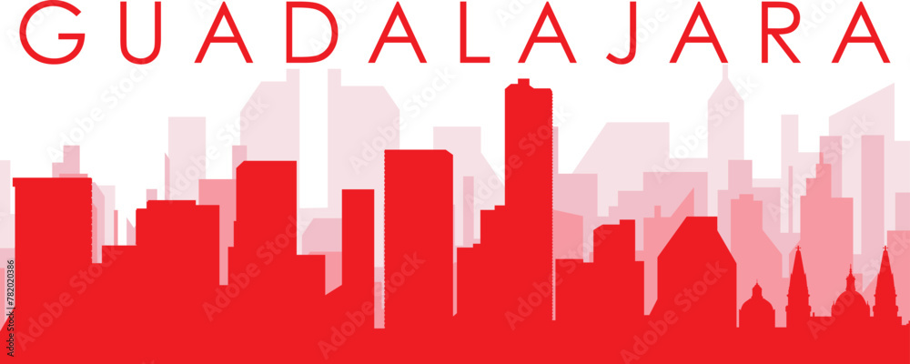 Red panoramic city skyline poster with reddish misty transparent background buildings of GUADALAJARA, MEXICO