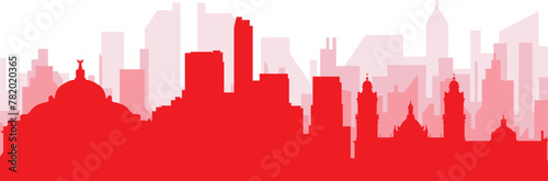 Red panoramic city skyline poster with reddish misty transparent background buildings of MEXICO CITY  MEXICO