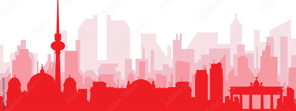 Red panoramic city skyline poster with reddish misty transparent background buildings of BERLIN, GERMANY