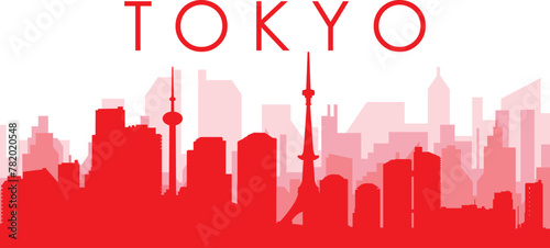 Red panoramic city skyline poster with reddish misty transparent background buildings of TOKYO  JAPAN