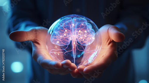 Man holding a brain hologram in his hands  close up of hand and glowing futuristic virtual AI technology with a transparent human head model for smart medical healthcare concept. 