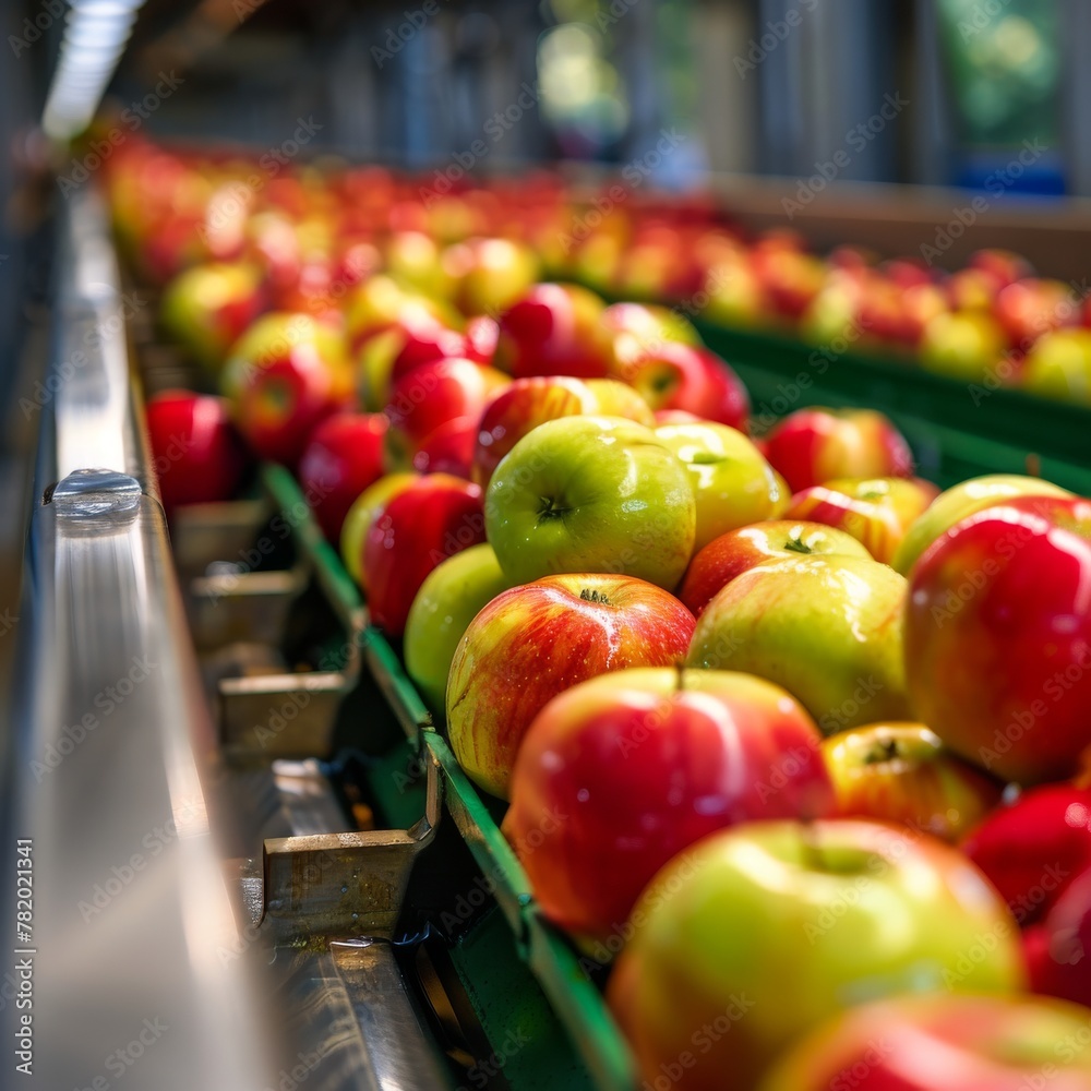 Apple Packing Line, Fruit Washing, Apple Automated Sorting on Conveyor, Food Industry, Automatic Technology