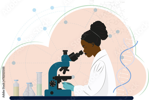 A woman is looking through a microscope at a slide. The image is titled 