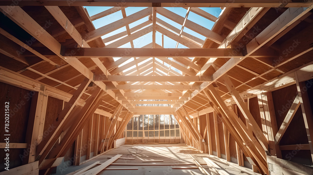 interior view of a wooden house frame under construction , Wooden foundations and columns, future house, preserving the environment, building real estate , dream home, blue sky