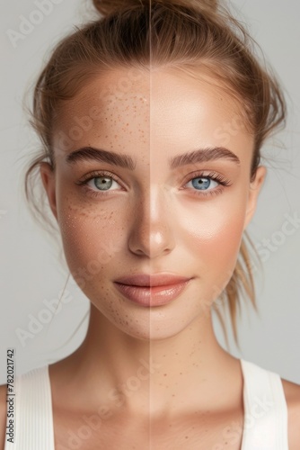 facial treatment with a split-screen, one side shows the model applying the product, the other shows the magical transformation