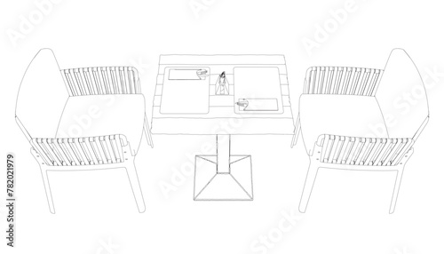Outline of two chairs and a table with forks, knives and napkins. Side View.