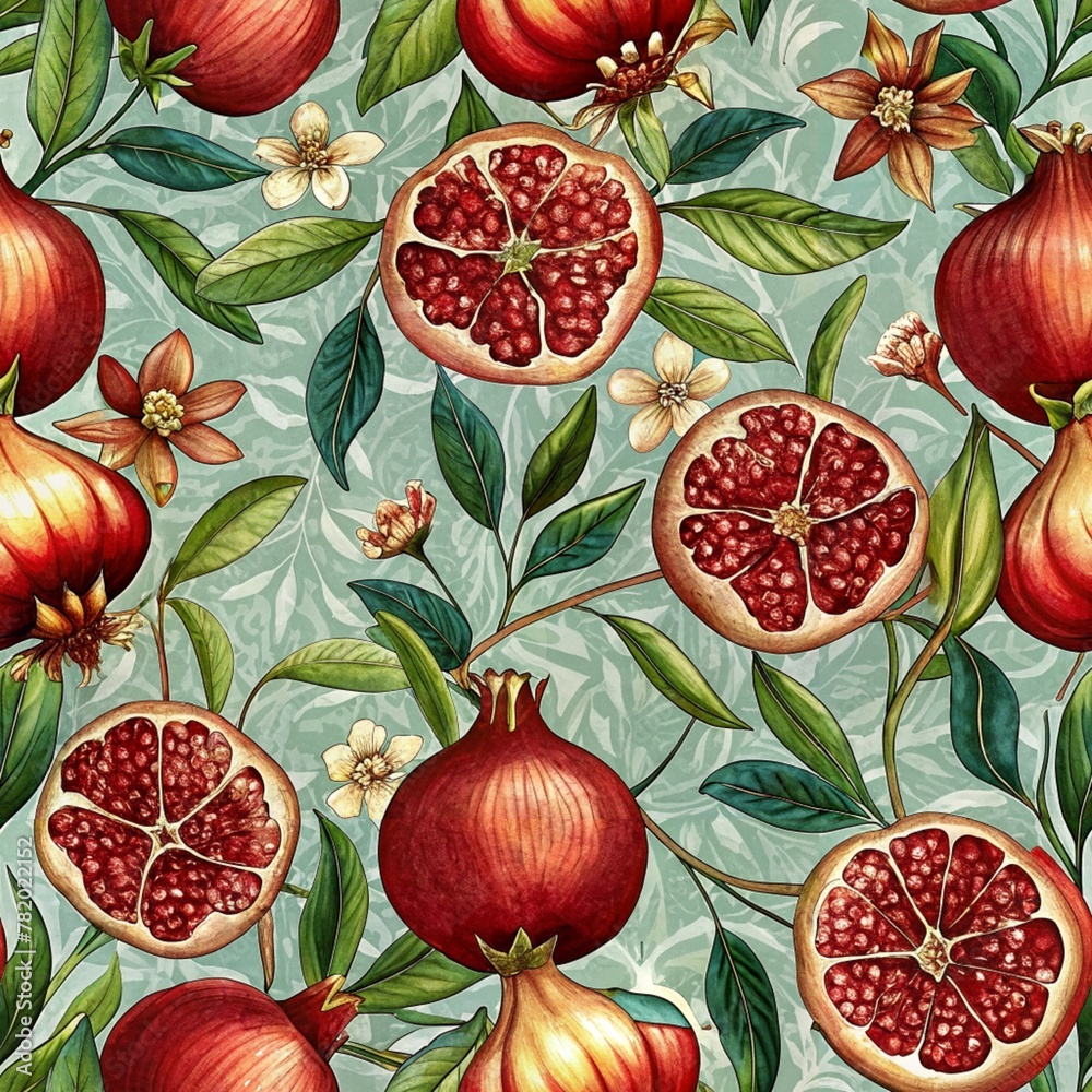 Seamless background with pomegranate fruits and leaves, branches and flowers of the pomegranate tree for textiles, paper, prints, backgrounds, wallpapers Seamless background with pomegranate fruits and leaves, branches and flowers of the pomegranate tree for textiles, paper, prints, backgrounds, wallpapers