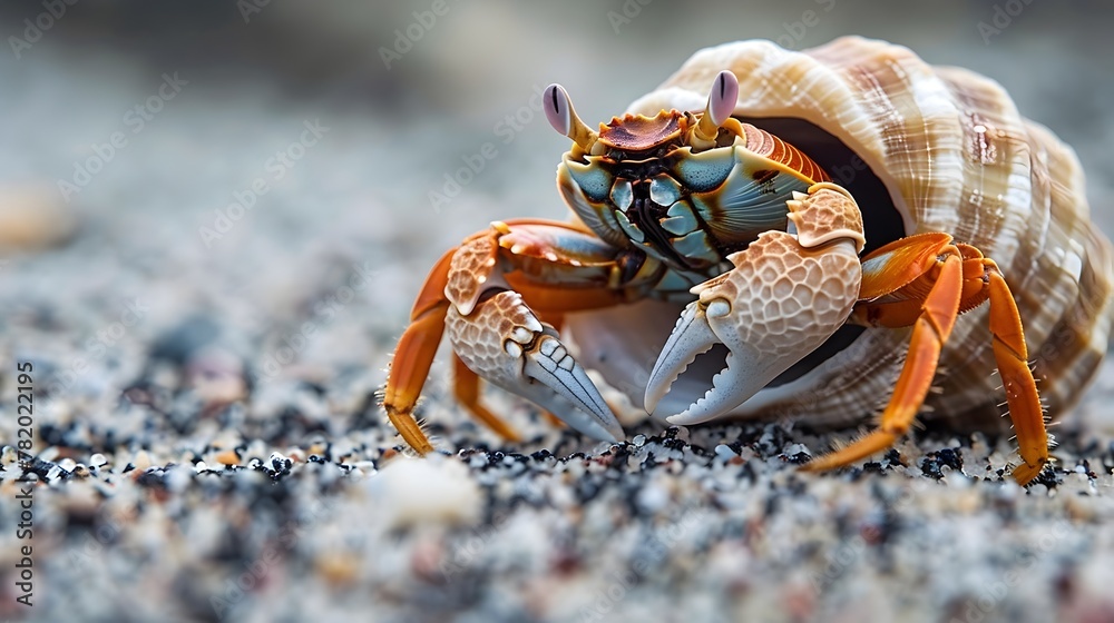 Hermit Crab Selecting New Shell to Call Home Illustrating the Resourcefulness of Marine Life in Close Up with Copy Space